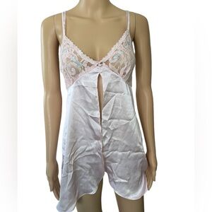 Secret Treasures Y2K Pink Sheer Preppy Glam Floral Lace Satin Mini Slip Dress